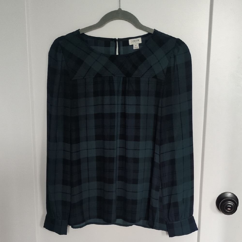 J. Crew Factory Women's Black Watch Plaid Blouse Green Blue Black Size Small